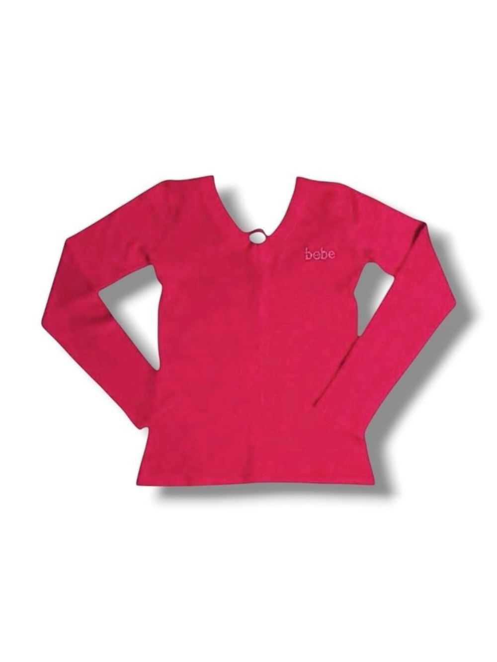 2000s Y2K Bebe Rhinestone Pink Knit Cutout Sweater Long Sleeve V Neck Top Small